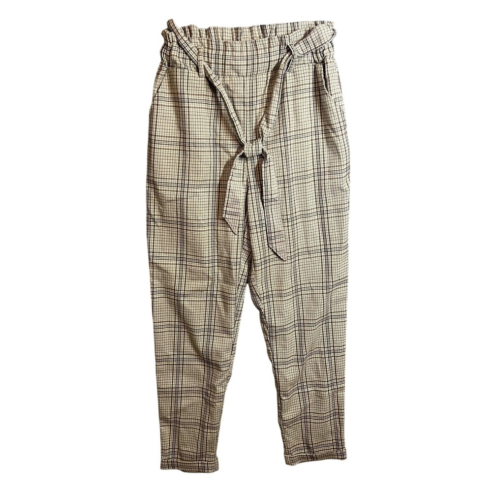 SO Women's Plaid Paperbag Waist Tie Front Pants Size S Beige Brown Casual Work